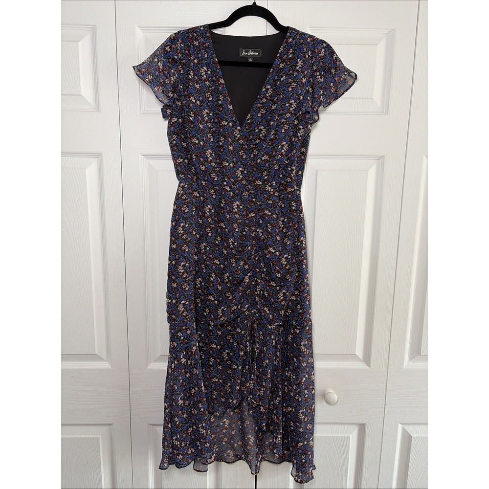 Sam Edelman Floral Ruched Midi Dress Womens Size 2 Blue Red High Low Chiffon
